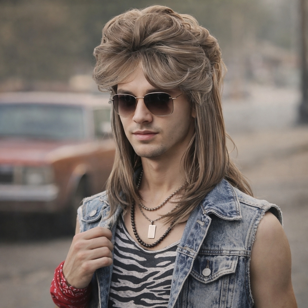 16" Mullet‎ Wig for Men 80s Costume Accessory Ash Blonde wi/ Hairnet